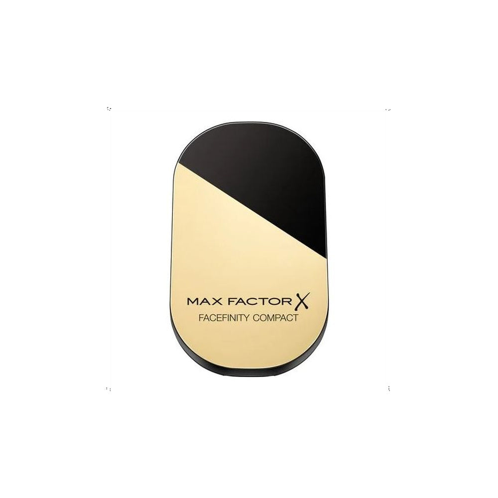 Max Factor X Facefinity Compact powder compact in a sleek, rounded rectangular shape with a diagonal split design of black and gold, shown on a plain white background.