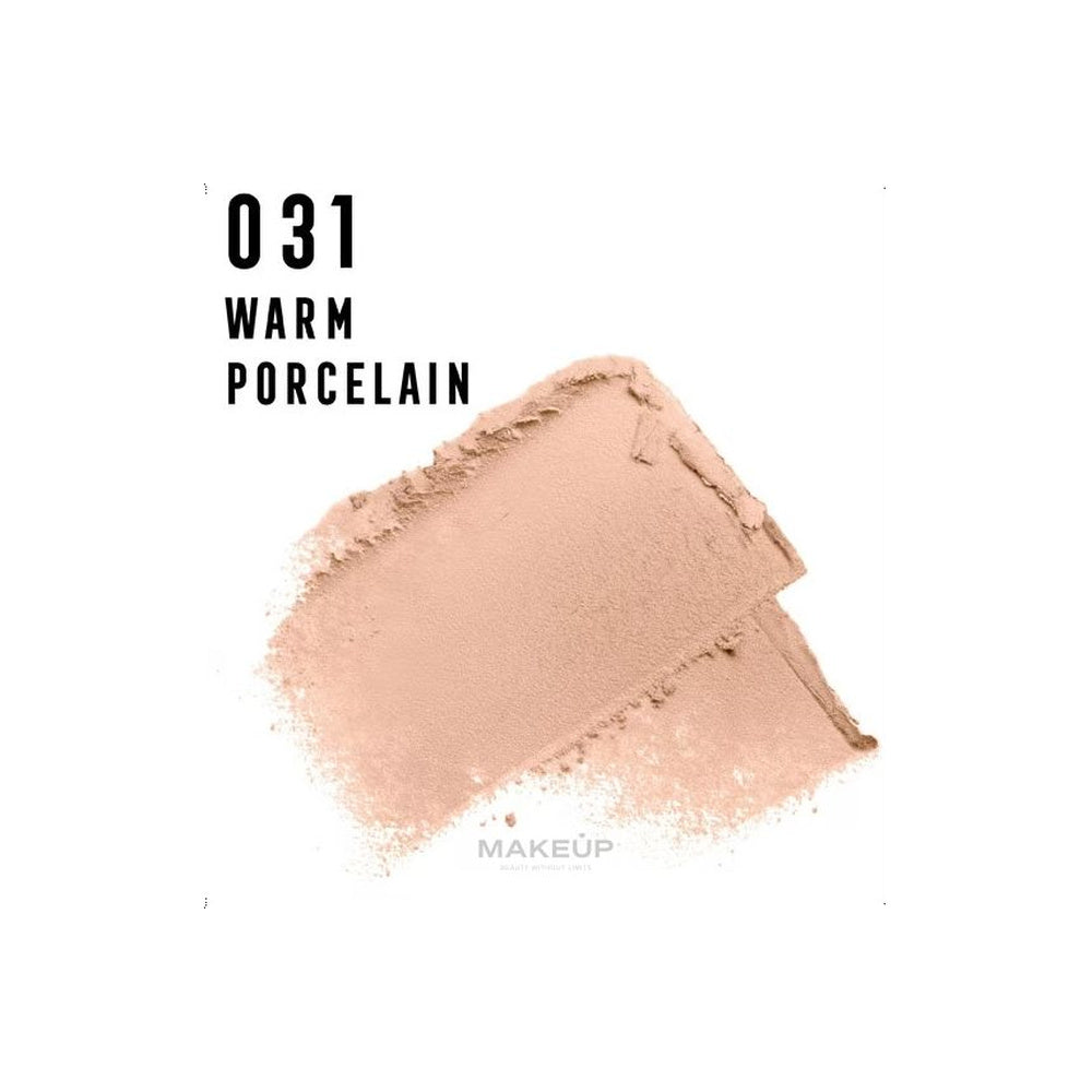 A makeup swatch of warm porcelain powder on a white background, with the text '031 WARM PORCELAIN' and a small 'MAKEUP' watermark.