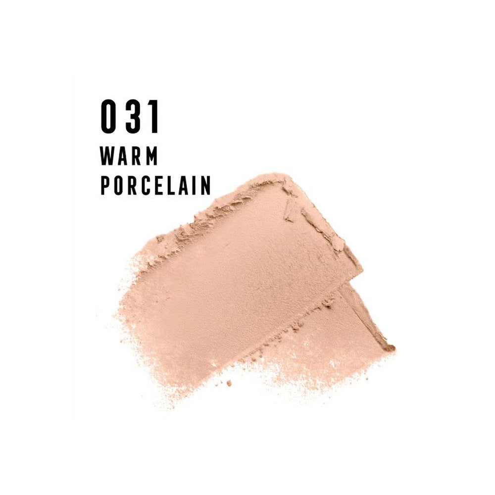 A makeup swatch of warm porcelain powder on a white background, with the text '031 WARM PORCELAIN' printed above it.