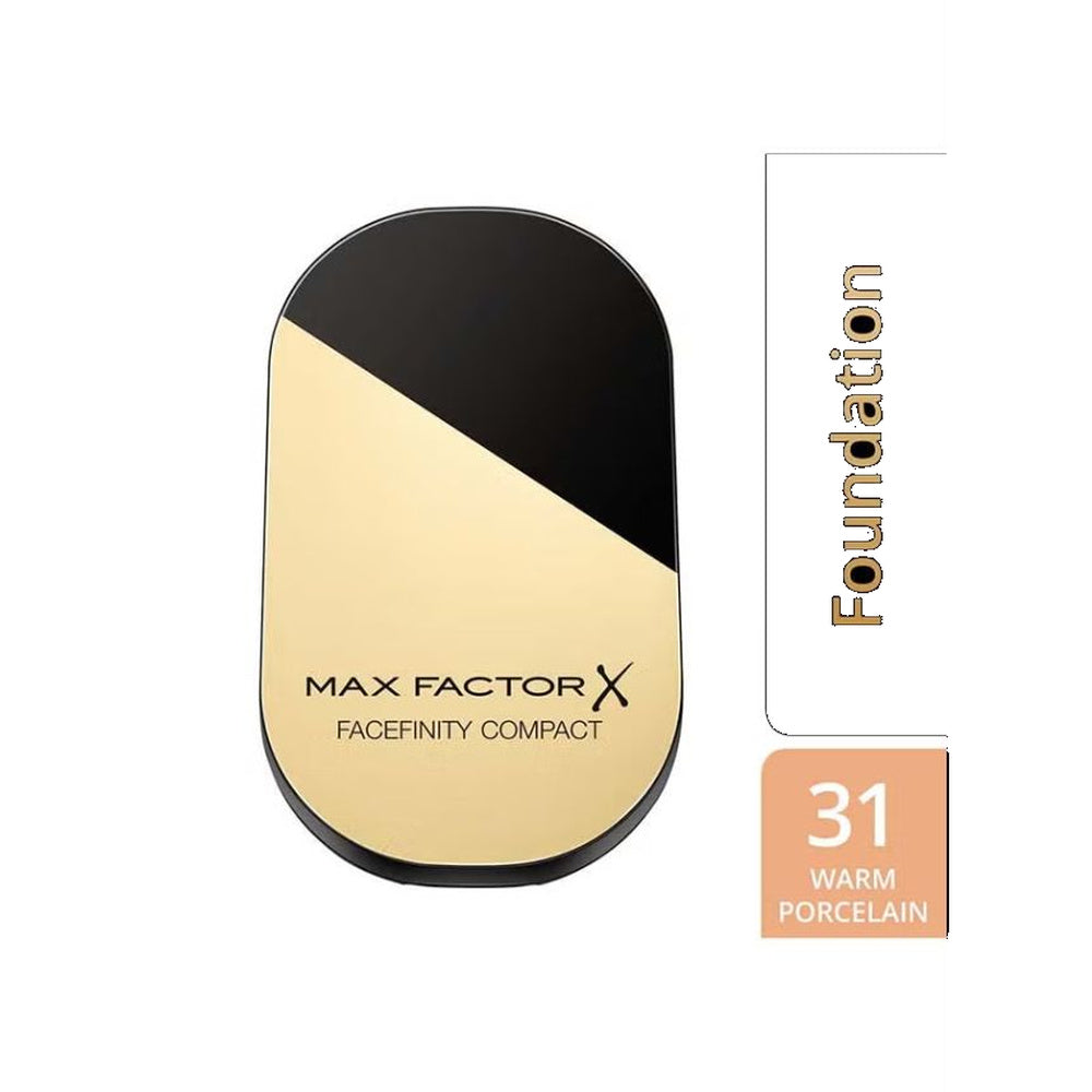 Max Factor X Facefinity Compact foundation compact in shade 31 Warm Porcelain, featuring a dual-tone black and gold compact on a white background with shade information.