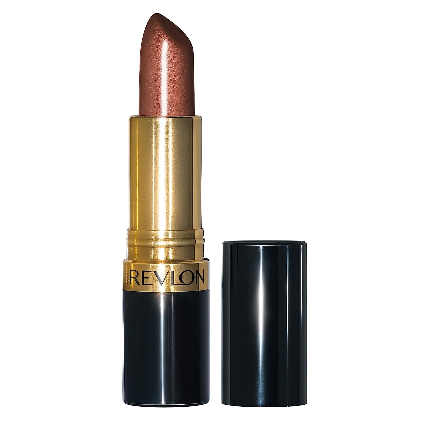 A Revlon lipstick with a metallic bronze-brown bullet, a gold collar, and a black base, shown next to its black cap on a plain white background.