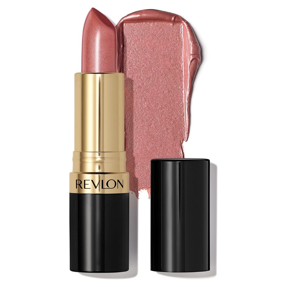 A Revlon lipstick in a metallic gold and black tube, shown with the lipstick bullet exposed and a matching swatch smear behind it on a white background.
