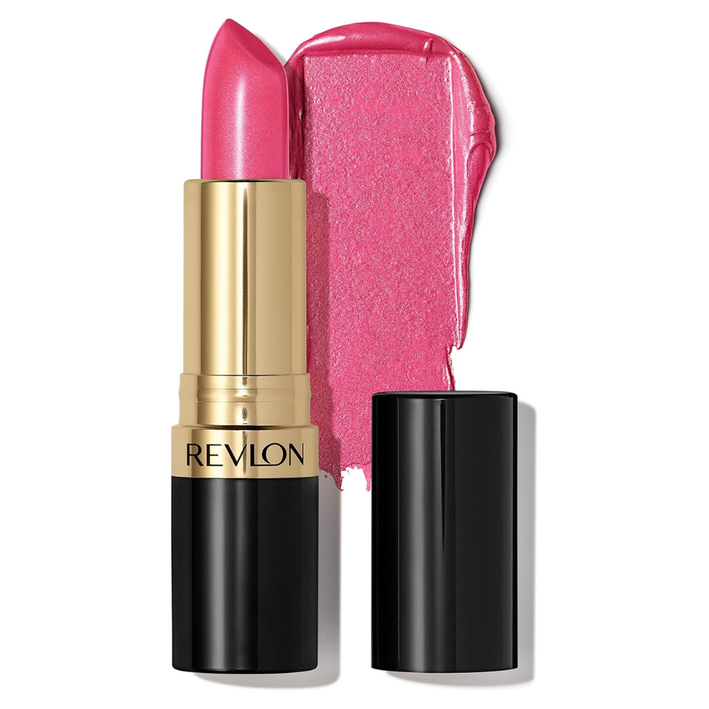 A Revlon lipstick in a bright pink shade, shown with its gold and black tube, a matching pink product smear behind it, and the black cap placed beside it on a white background.
