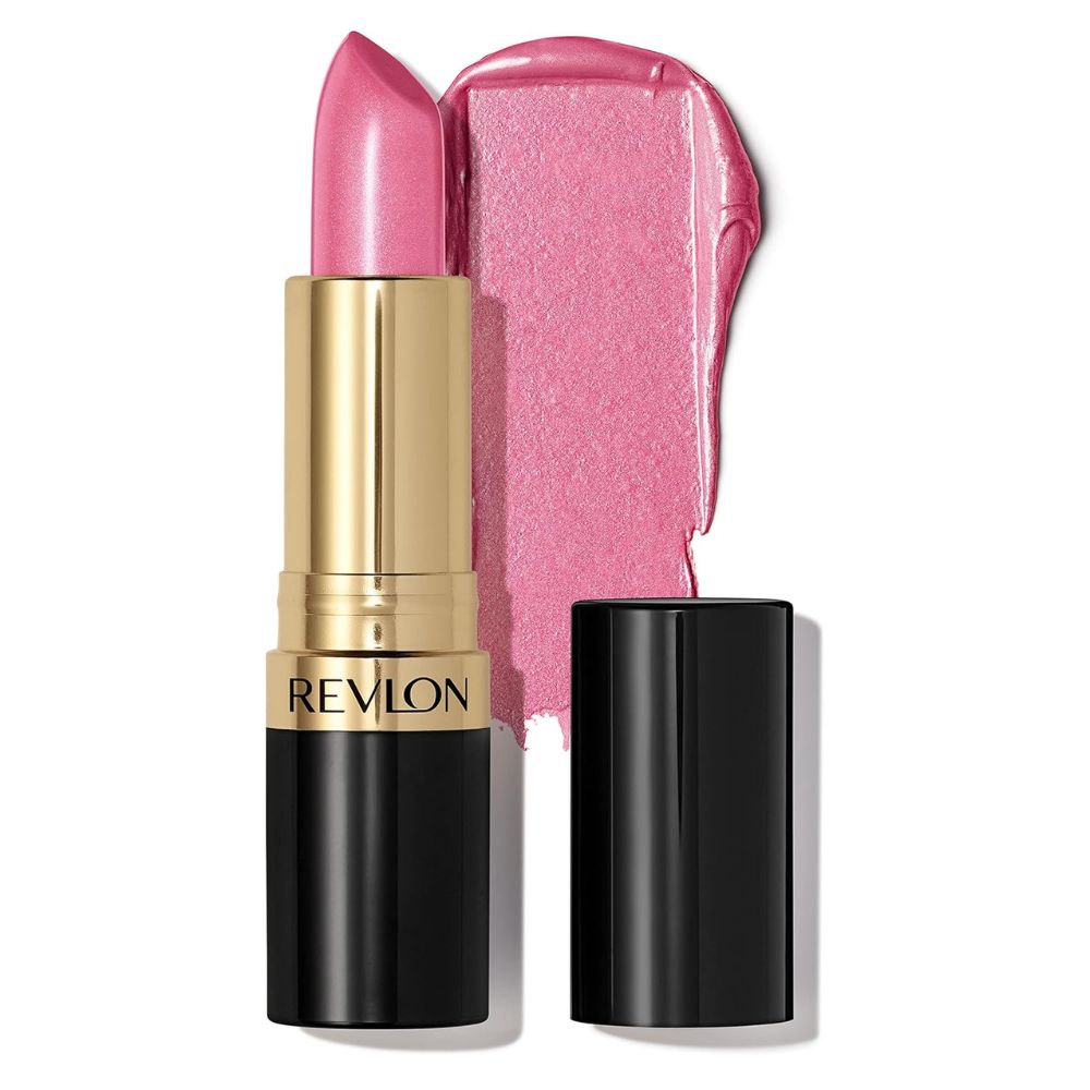 A Revlon lipstick in a metallic gold and black tube, shown with the cap off next to a glossy pink lipstick bullet and a matching pink product smear on a white background.