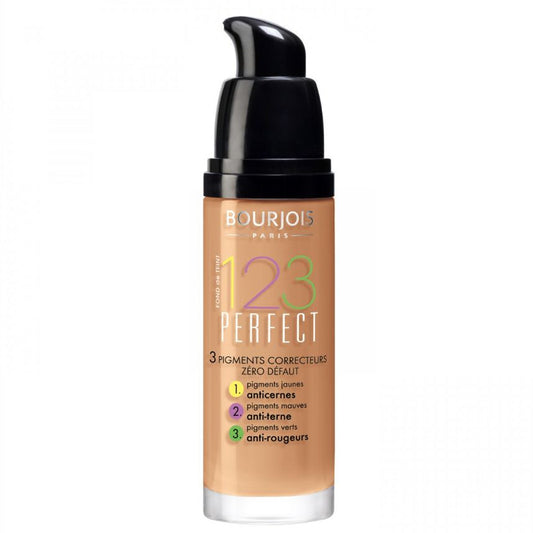 Bourjois Paris 123 Perfect 3-pigments corrector foundation bottle in shade Zero Défaut, featuring a beige-toned body, black pump dispenser, and clear cap on a white background.