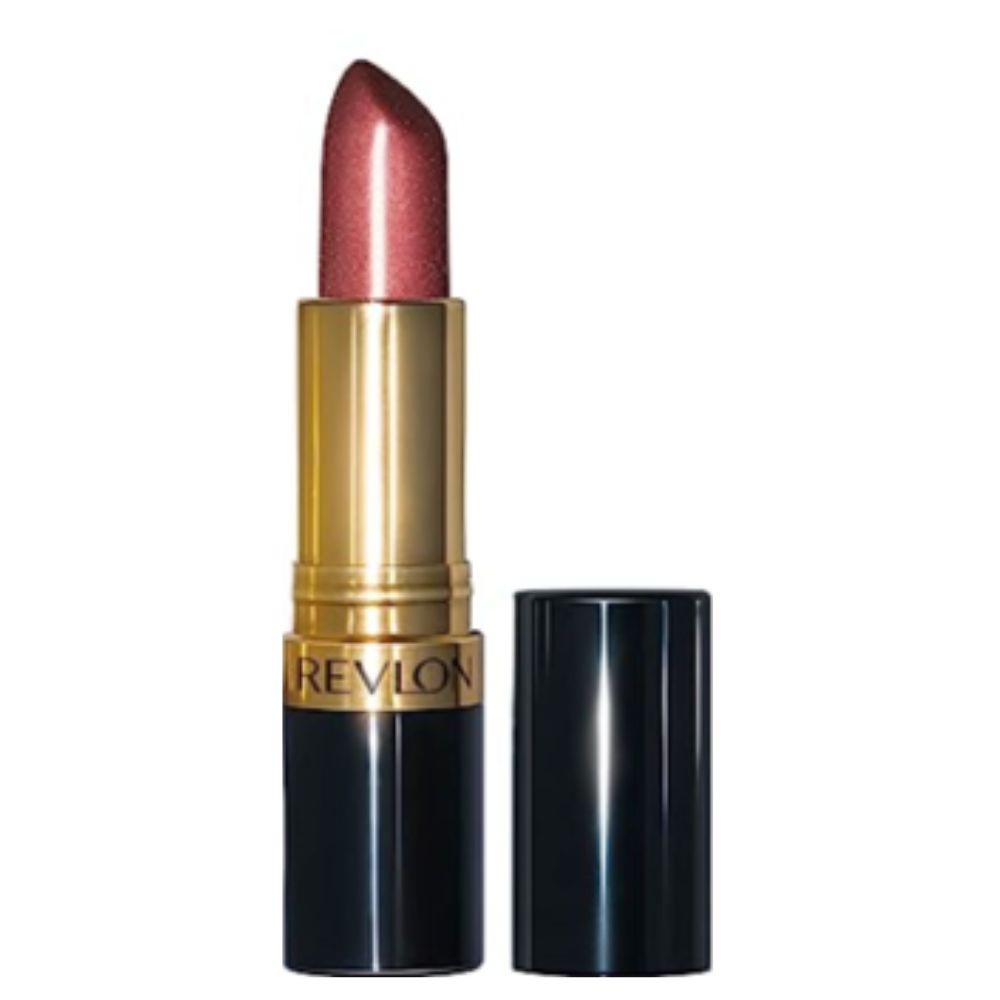 A Revlon lipstick in a metallic rose gold shade, shown with its gold and black tube and separate black cap on a plain white background.