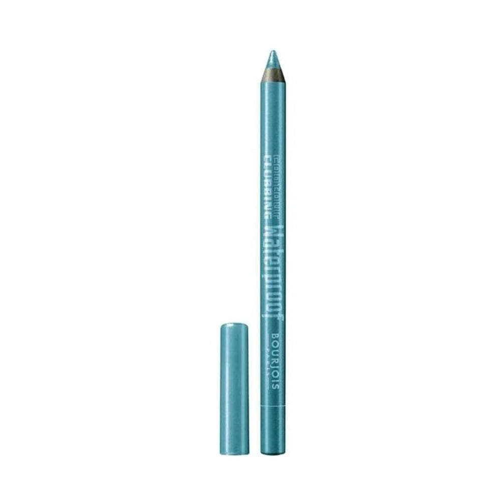A teal blue Bourgeon Cosmetics Hairoline eyeliner pencil with its cap removed, standing vertically next to it on a plain white background.