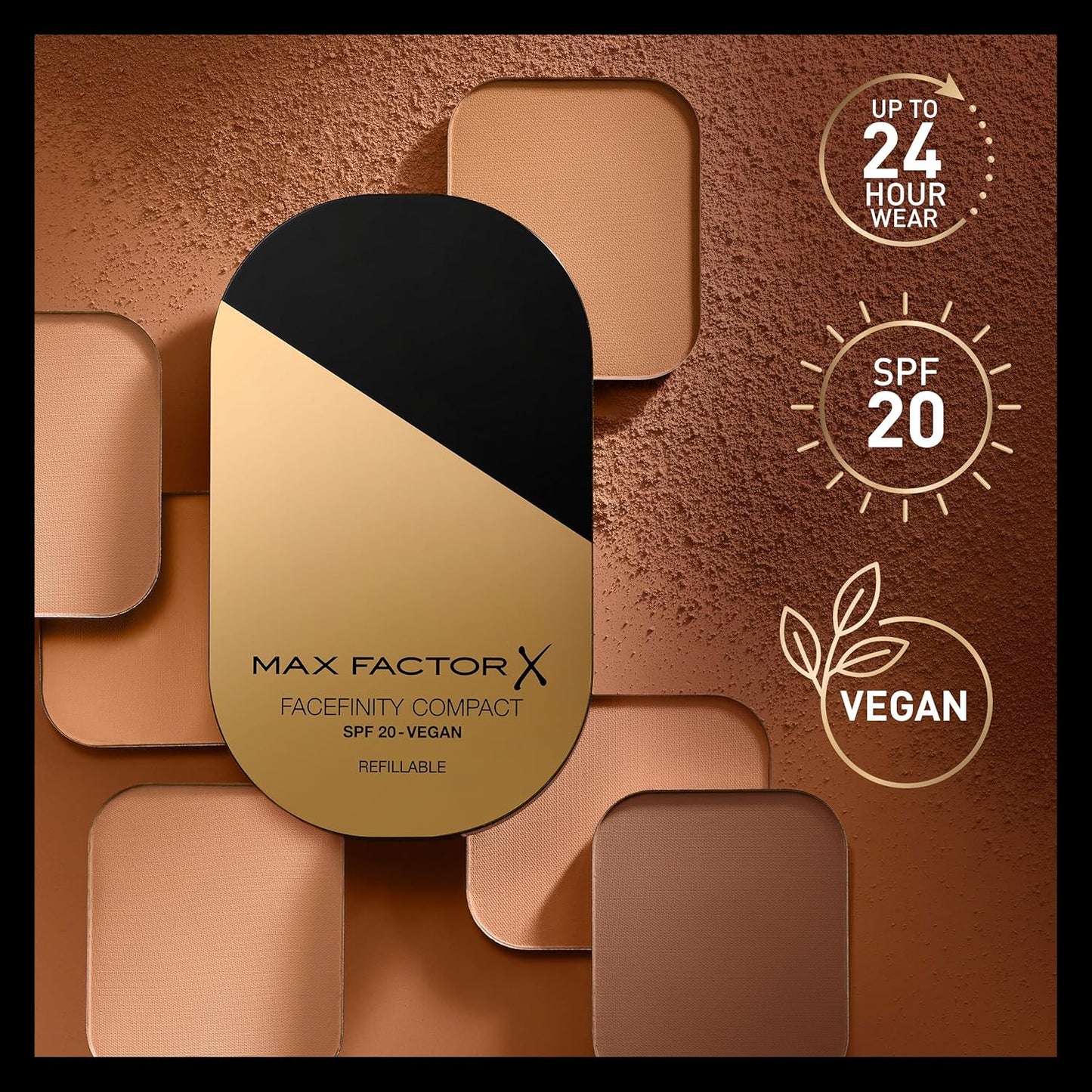Max Factor Facefinity Compact on a brown textured background
