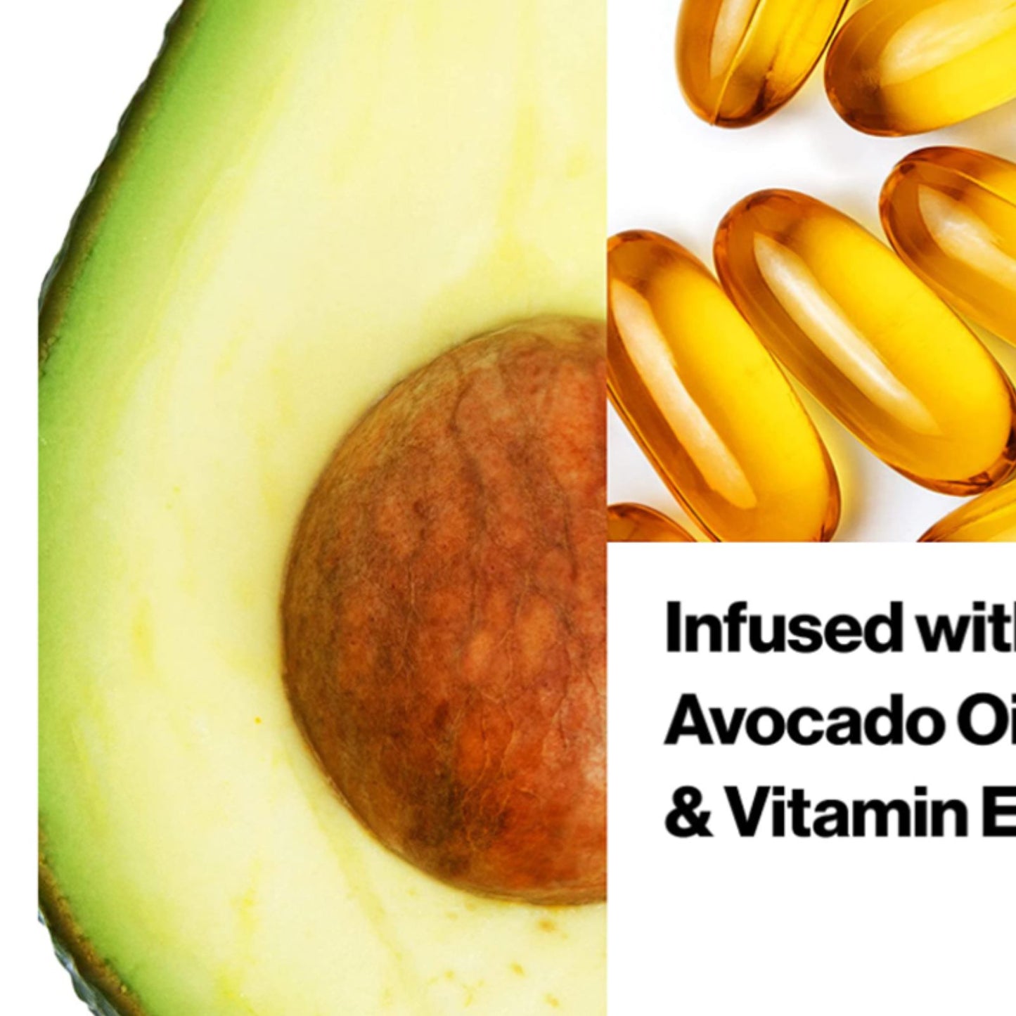 A split graphic showing a close-up of an avocado on the left and several golden-yellow supplement capsules on the right, with partial text reading 'Infused with Avocado Oil & Vitamin E' on a white background.