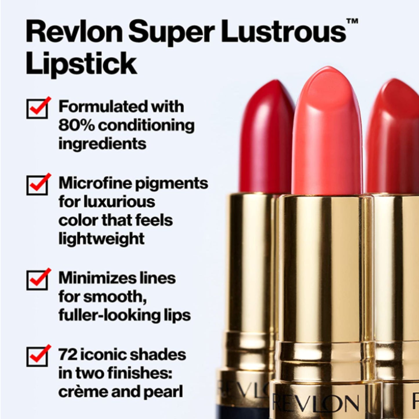 Three Revlon Super Lustrous Lipsticks in shades of red and pink, shown with gold casings against a light background with promotional text on the left.